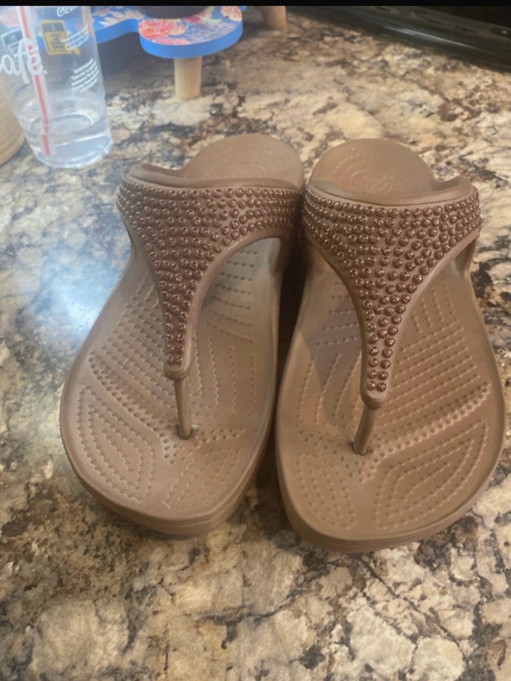 Women’s Brown Embellished Croc Thong Sandals